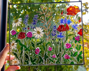 Wild flowers Sun catcher. Poppies, Daisies, Clover Window glass hanging. Hand Painting on glass. Botanical Glass art. Stained glass painting
