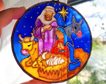 Holy family Stained Glass Sun catcher. Hand Painted Christmas Tree Ornament. Unique Xmas Decor. Winter Church Sun Catcher.