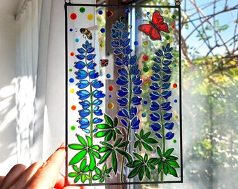 Texas Bluebonnet Sun catcher. Hand Painted Wildflowers Stained Glass Window Hanging. Lupine, Texas State Flower. Flower Sun catcher