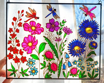 Stained Glass Wildflowers Suncatcher with Dragonflys. Whimsical Window Decor. Window Glass Hanging. Hand Painting on glass.