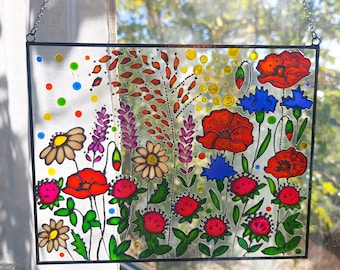 Flowers Stained Glass Painting. Window hanging. Stained glass Hand painting. Wildflowers Suncatcher. Colorful Glass window decoration