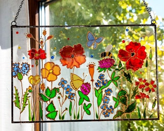 Wildflowers Sun catcher. Poppies Forget-me-nots Window glass hanging. Hand Painting on glass. Botanical Glass art. Stained glass painting