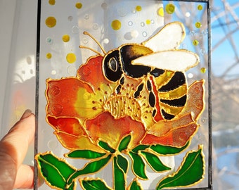 Bee Stained Glass. Hand Painted Glass Window Hanging. Garden Art. Unique Gift for Mom. Violets Flowers  Sun Catcher for Nature Lovers