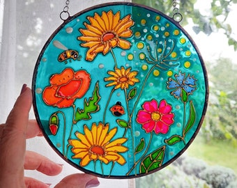 Daisy and Poppies Hand Painted Stained Glass Window Hanging. Unique Botanical Glass art. Flowers Sun catcher. Turquoise stained glass