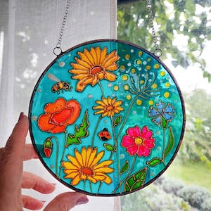 Daisy and Poppies Hand Painted Stained Glass Window Hanging. Unique Botanical Glass art. Flowers Sun catcher. Turquoise stained glass