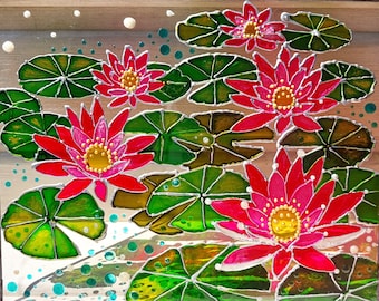 Hand Painting Stained Glass Water Lily. Flowers Sun catcher. Zen Window Hanging. Water Lily Sun catcher. Lotus Home Decor. Yoga gift