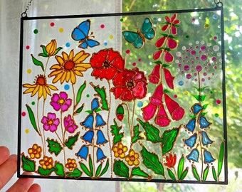 Flowers Hand Painted Stained Glass Window Hanging. Botanical Glass art. Poppies Stained Glass. Unique Gift for Mom. Sunflower Sun catcher