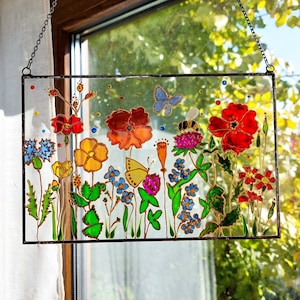 Stained Glass Hand Painted Wildflowers Sun Catcher with Poppies and Forget-me-nots. Flowers Window hanging. Unique Colorful Sun catchers image 2