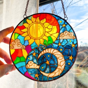 Celestial Sun Moon Stained Glass Window Hanging. Sun and Moon Yin Yang Sun Catcher. Hand Painted . Anniversary Gift. Unique Boho gift.