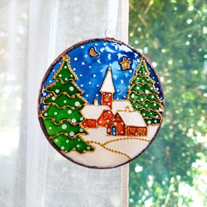 Winter Wonderland Stained Glass Sun catcher. Hand Painted Christmas Tree Ornament. Unique Xmas Decor. Winter Church Sun Catcher. image 1