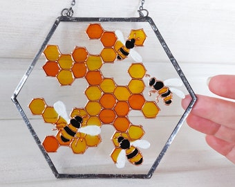 Hand Painted Bee Honeycomb Sun catcher. Bee Stained Glass Window Hanging. Unique Gift for Nature Lovers. Bee Garden Glass art