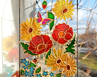 Atrapasueños de vidrieras con flores silvestres pintadas a mano: arte para ventanas con girasoles y amapolas.