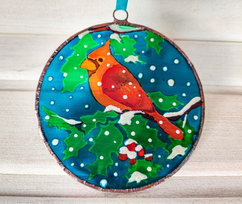 Unique Stained Glass Cardinal Sun catchers. Original Christmas Tree Decor. Personalized Christmas Ornament Set. Hand Painting Window Hanging image 5