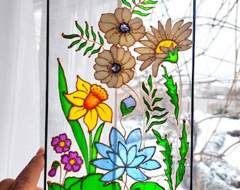 Unique Flowers Sun Catcher. Daffodil Window Glass Hanging. Stained Glass Hand Painted. Window decor. Gift for Mother. Daisies Stained Glass