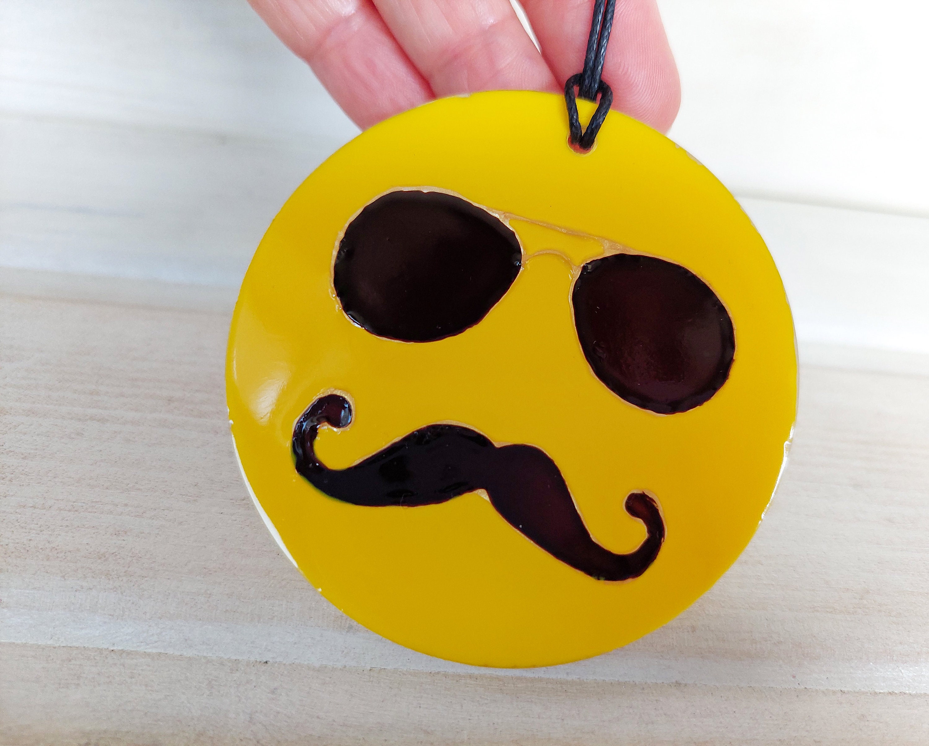 Emoji with a Mustache rear view mirror Suncatcher. Cool Etsy