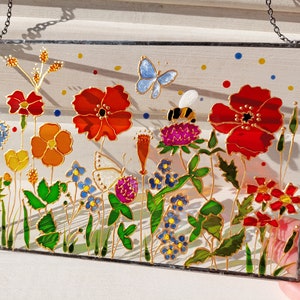 Stained Glass Hand Painted Wildflowers Sun Catcher with Poppies and Forget-me-nots. Flowers Window hanging. Unique Colorful Sun catchers image 4