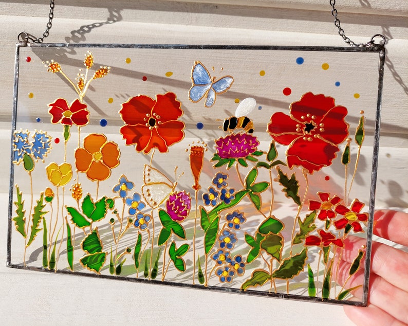 Stained Glass Hand Painted Wildflowers Sun Catcher with Poppies and Forget-me-nots. Flowers Window hanging. Unique Colorful Sun catchers image 4