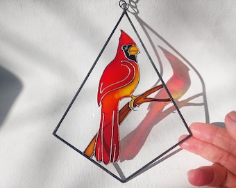 Red Cardinal Stained Glass Sun Catcher. Unique Hand Painted Bird Windows Hanging Decoration. Handmade Gift for Mom. Christmas Ornament