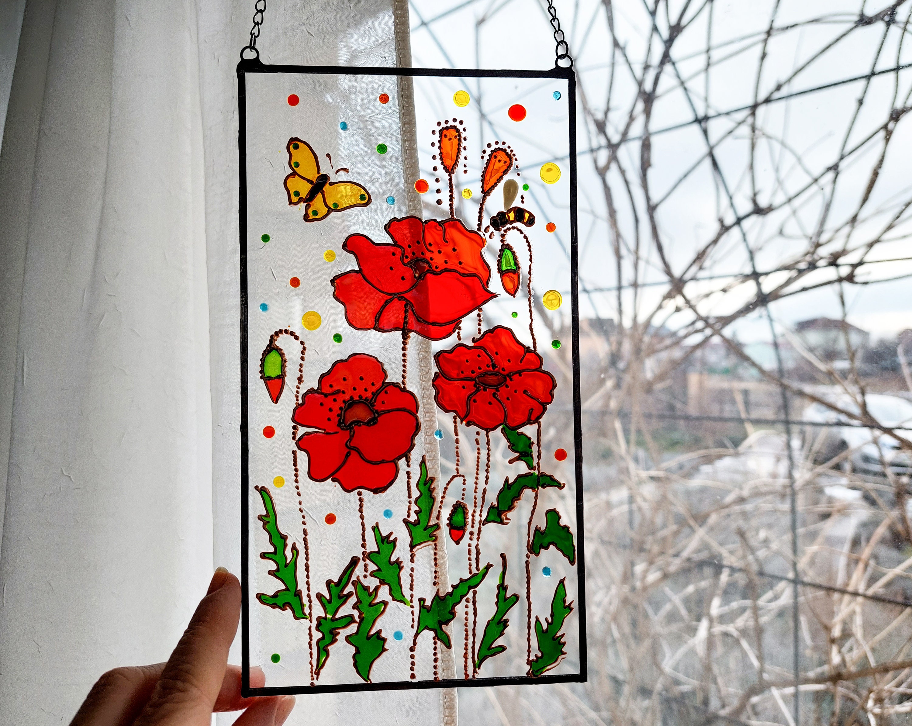 Decorative Hand Painted Stained Glass Window Sun Catcher/Roundel in a Meadow Poppies Design. 