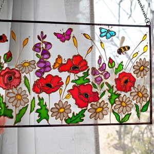 Stained Glass Hand Painted Wildflowers Sun Catcher with Poppies and Forget-me-nots. Flowers Window hanging. Unique Colorful Sun catchers #2