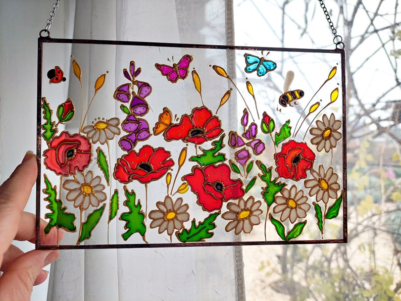 Stained Glass Hand Painted Wildflowers Sun Catcher with Poppies and Forget-me-nots. Flowers Window hanging. Unique Colorful Sun catchers #2