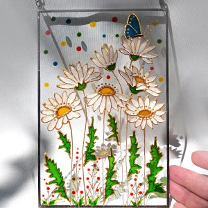 Unique Daisies Sun Catcher. Flowers Window Glass Hanging. Stained Glass Hand Painted. Window decor. Gift for Mother. Daisies Stained Glass
