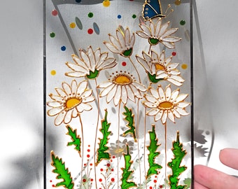 Unique Daisies Sun Catcher. Flowers Window Glass Hanging. Stained Glass Hand Painted. Window decor. Gift for Mother. Daisies Stained Glass