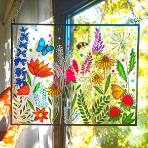 Wildflower Stained Glass Suncatcher, Hand-Painted Meadow Flower Window Hanging, Botanical Gift for Mom