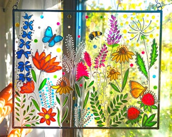 Wildflower Stained Glass Suncatcher, Hand-Painted Meadow Flower Window Hanging, Botanical Gift for Mom