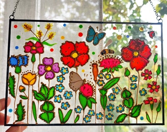 Stained Glass Hand Painted Wildflowers Sun Catcher with Poppies and Forget-me-nots. Flowers Window hanging. Unique Colorful Sun catchers