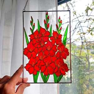 Red Gladioli Stained Glass Hand Painting. Gladiolus Sun catcher. Flowers Window Hanging. Colorful Suncatcher. Gift for Mom. Anniversary Gift