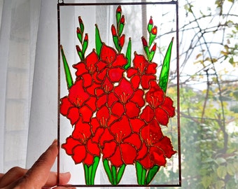 Red Gladioli Stained Glass Hand Painting. Gladiolus Sun catcher. Flowers Window Hanging. Colorful Suncatcher. Gift for Mom. Anniversary Gift