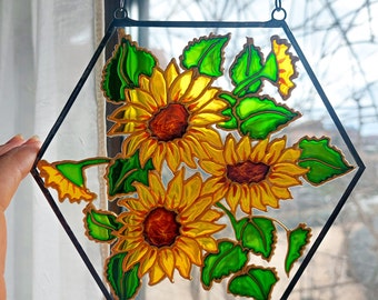 Stained Glass Sunflowers Sun catcher. Hand-Painting on glass. Flowers Window Hanging. Gift for sunflower lovers. Gift from Ukraine