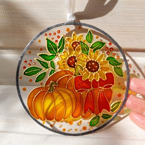 Pumpkin and Sunflower Sun catcher. Colorful Autumn Window Decor. Stained Glass Window Hanging. Hand-Painted Sun catcher. Gift for mom image 6