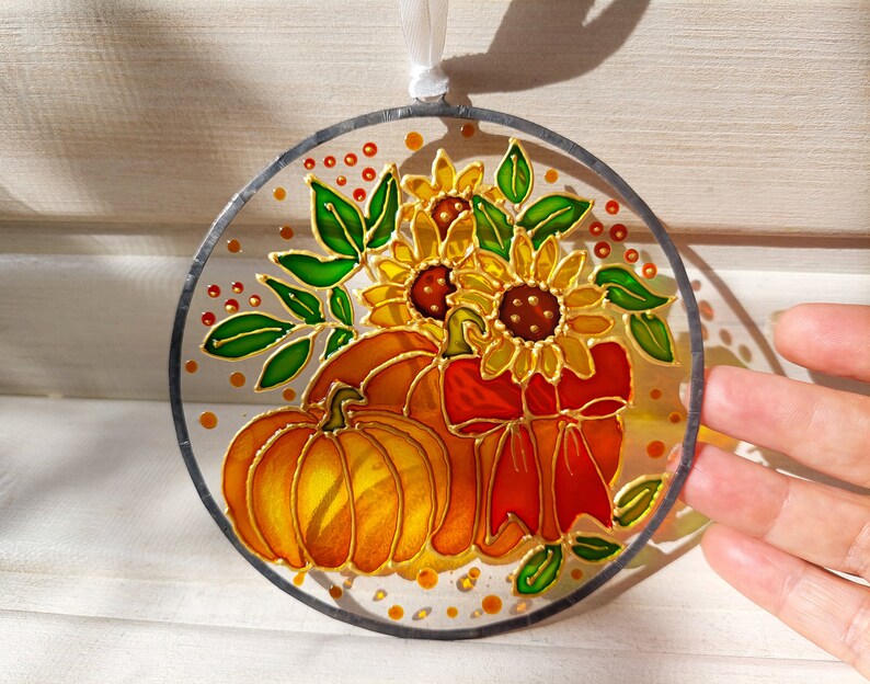 Pumpkin and Sunflower Sun catcher. Colorful Autumn Window Decor. Stained Glass Window Hanging. Hand-Painted Sun catcher. Gift for mom image 6