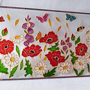 Stained Glass Hand Painted Wildflowers Sun Catcher with Poppies and Forget-me-nots. Flowers Window hanging. Unique Colorful Sun catchers image 9