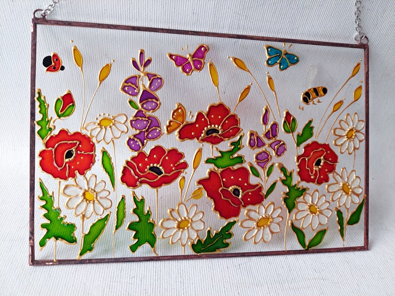 Stained Glass Hand Painted Wildflowers Sun Catcher with Poppies and Forget-me-nots. Flowers Window hanging. Unique Colorful Sun catchers image 9