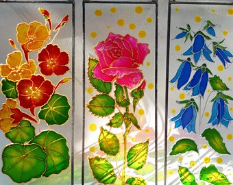 Stained Glass Flowers Sun catcher. Rose, Nasturtium, Bluebell Window Hanging Decor. Colorful Sun Catcher. Gift for Mom. Wedding Flower Gift