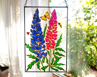 Bluebonnet Stained Glass Hand-Painted Window Hanging, Texas Flower Decor, Botanical Glass Art, Texas Wildflower Suncatcher