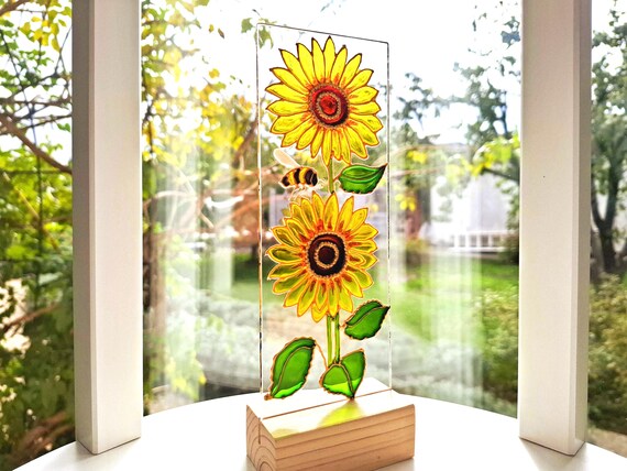 Hand Painted Stained Glass Flower Suncatcher, Floral Window