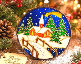 Winter Church Stained Glass Suncatcher,Christmas Hand-Painted Window Hanging,  Religious Gift, Unique Xmas Decor, Holiday Home Decor