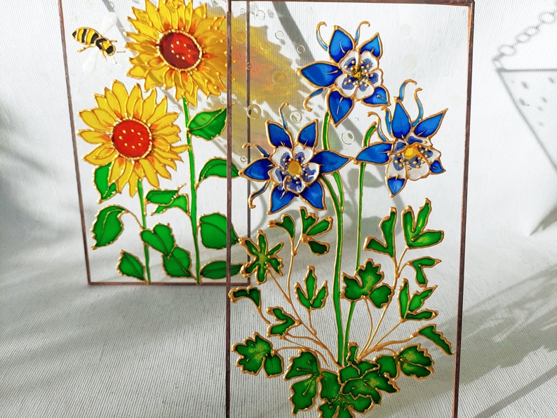 Forget-me-nots Stained Glass Painting Sun Catcher. Colorful Window Hanging. Wedding Flower Gift. Blue Wildflower Window Decor. Aquilegia image 10