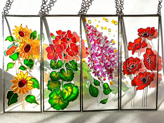 Floral Stained Glass Suncatcher, Hand Painted Flower Window Hanging, Botanical Glass Decor, Wildflower Gift for Her, Home Window Decor