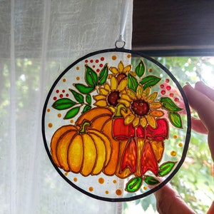 Pumpkin and Sunflower Sun catcher. Colorful Autumn Window Decor. Stained Glass Window Hanging. Hand-Painted Sun catcher. Gift for mom image 2