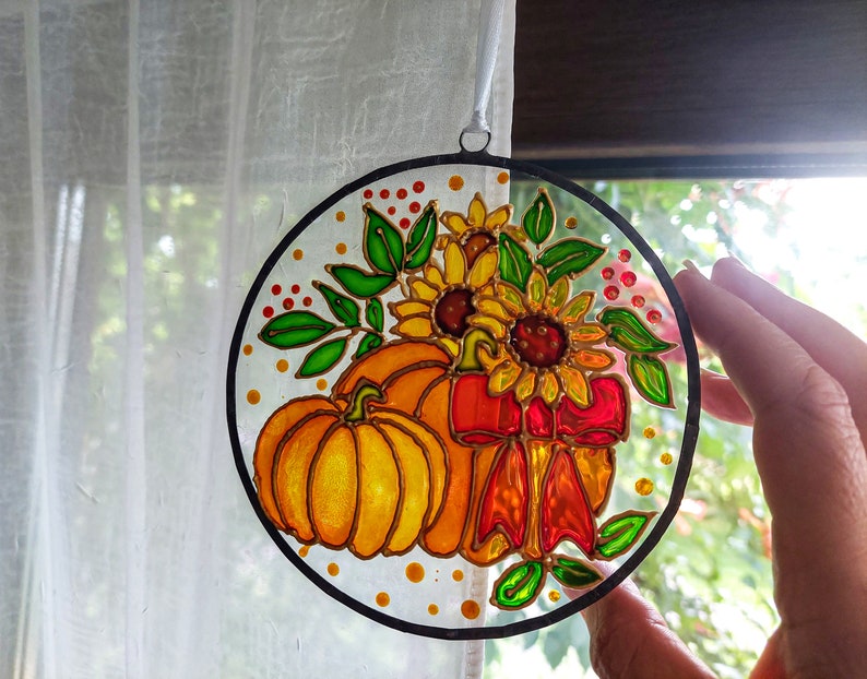 Pumpkin and Sunflower Sun catcher. Colorful Autumn Window Decor. Stained Glass Window Hanging. Hand-Painted Sun catcher. Gift for mom image 2