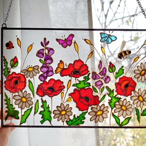 Stained Glass Hand Painted Wildflowers Sun Catcher with Poppies and Forget-me-nots. Flowers Window hanging. Unique Colorful Sun catchers image 7