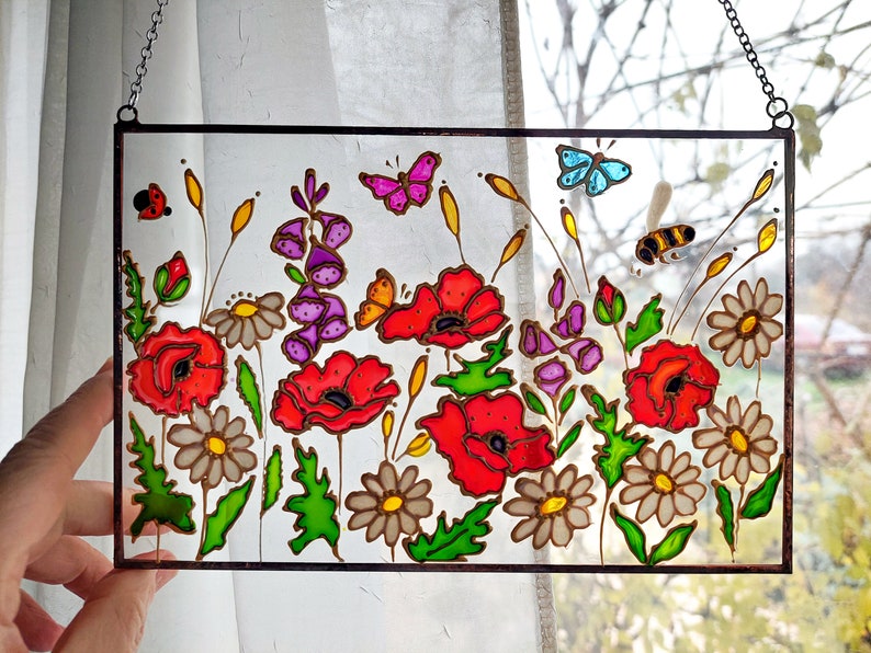 Stained Glass Hand Painted Wildflowers Sun Catcher with Poppies and Forget-me-nots. Flowers Window hanging. Unique Colorful Sun catchers image 7