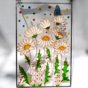 Daisies Stained Glass Hand-Painted Window Hanging | Wildflower Suncatcher | Flower Glass Art | Gift for Mom | Bright Floral Decor