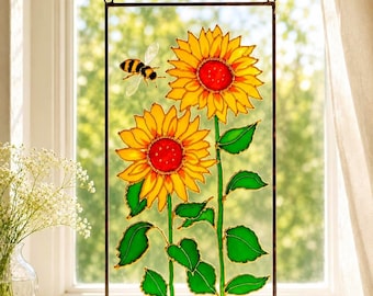 Sunflower Stained Glass Suncatcher, Bee Window Hanging, Hand-Painted Floral Sun Catcher, Cottagecore Botanical Gift for Mom