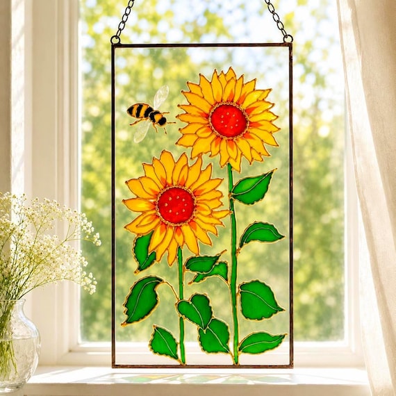 Sunflower Stained Glass Suncatcher, Bee Window Hanging, Hand